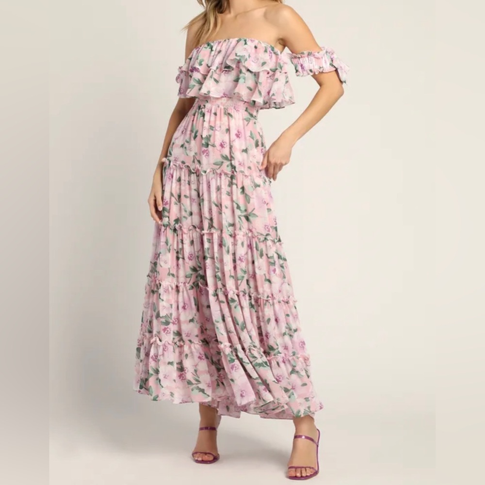 Lulu’s Blush Floral Off-the-Shoulder Ruffled Maxi Dress